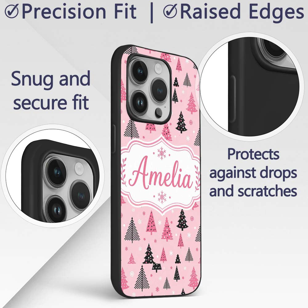 Modern Pink Black Christmas Trees Snowflakes Custom Name Protective Phone Case Mobile Cover Durable Everyday Smartphone Shock Resistant