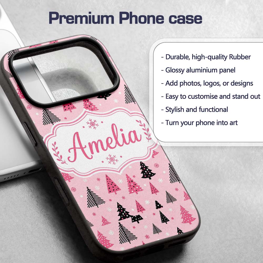 Modern Pink Black Christmas Trees Snowflakes Custom Name Protective Phone Case Mobile Cover Durable Everyday Smartphone Shock Resistant