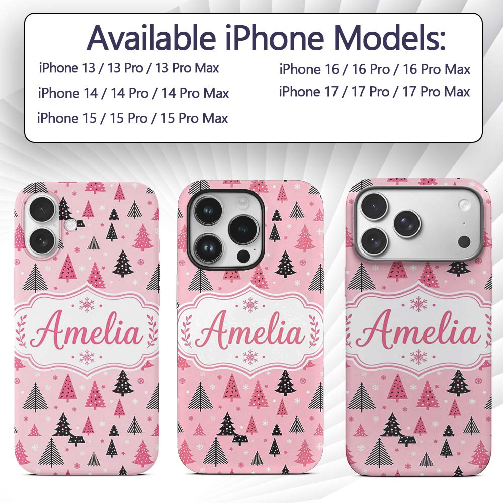 Modern Pink Black Christmas Trees Snowflakes Custom Name Protective Phone Case Mobile Cover Durable Everyday Smartphone Shock Resistant