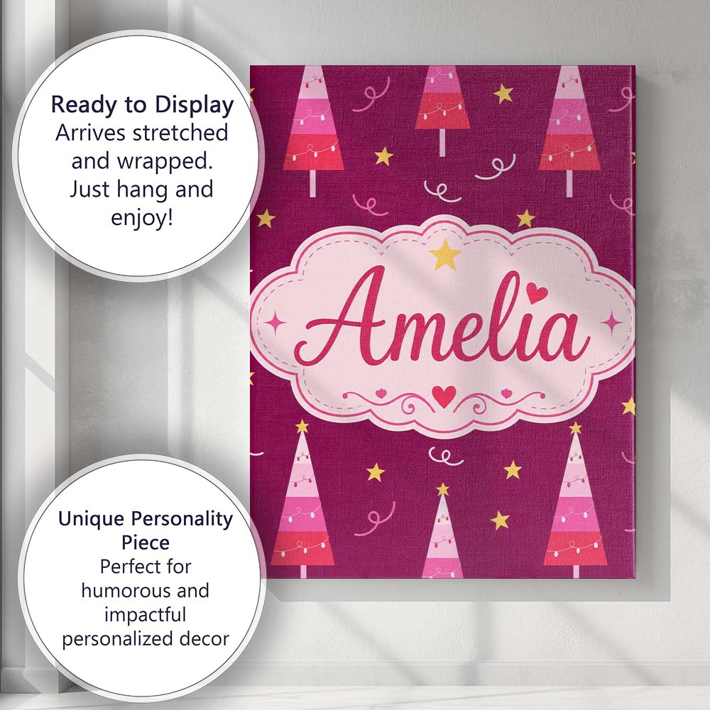 Personalised Name Pink Christmas Trees Custom  Modern Room Accent Elegant Feature Canvas Wall Art Print Decor Picture Ready to Hang