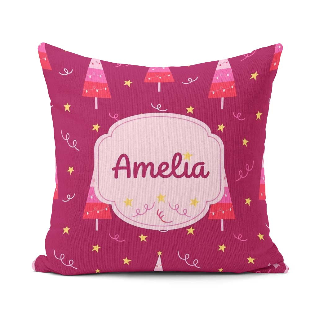 Custom Name Dark Christmas Trees Lights Festive Seamless Pattern Square Filled Cushion Throw Pillow Sofa Bed Home Decor Zip Washable UK Made
