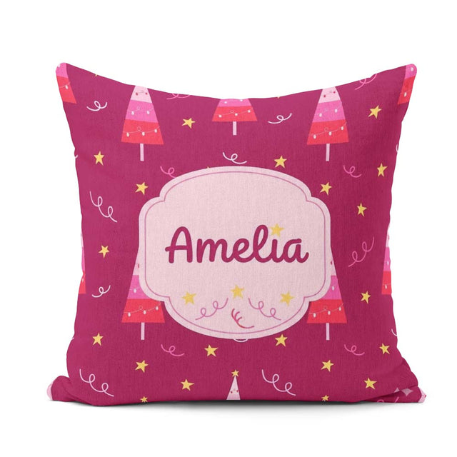 Custom Name Dark Christmas Trees Lights Festive Seamless Pattern Square Filled Cushion Throw Pillow Sofa Bed Home Decor Zip Washable UK Made