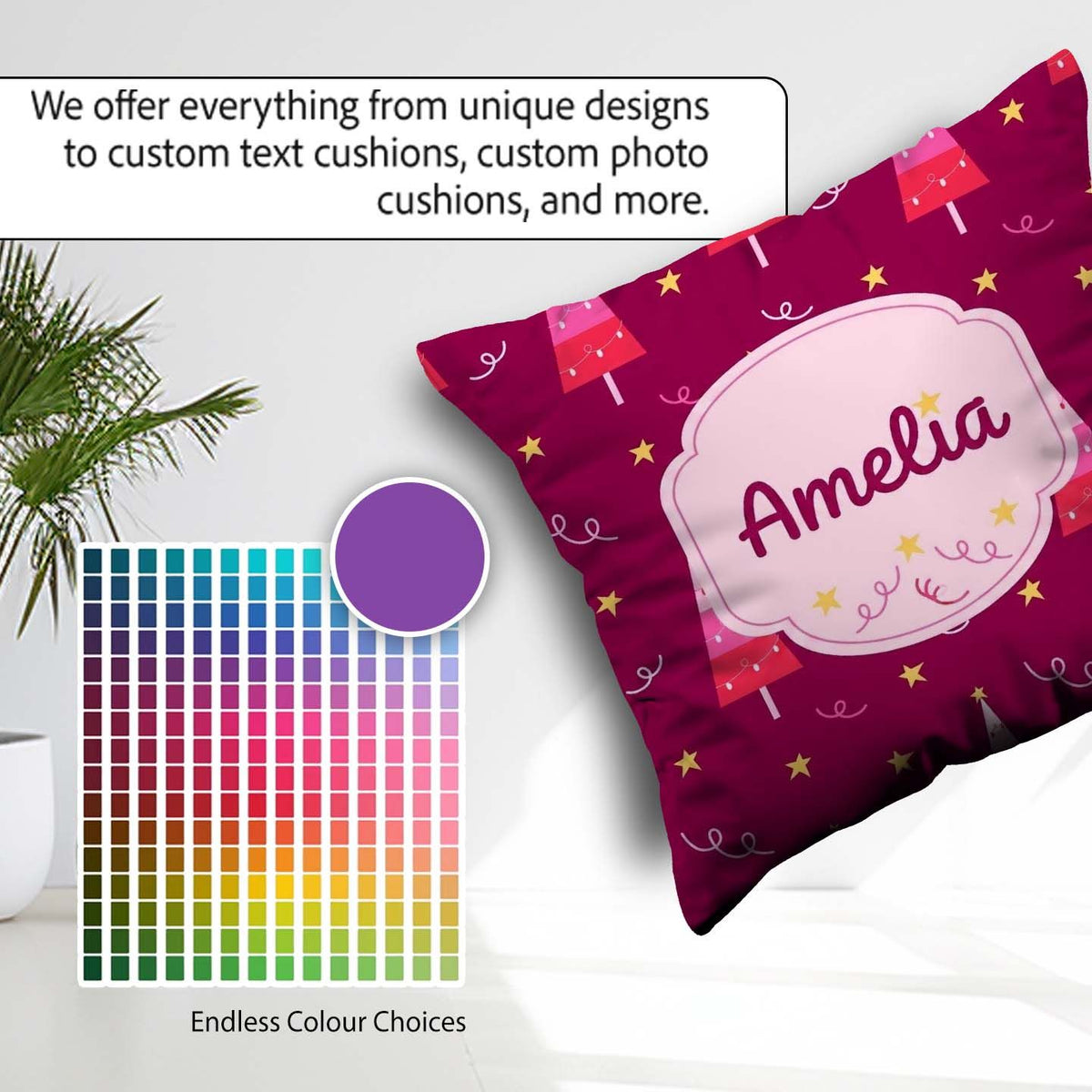 Custom Name Dark Christmas Trees Lights Festive Seamless Pattern Square Filled Cushion Throw Pillow Sofa Bed Home Decor Zip Washable UK Made