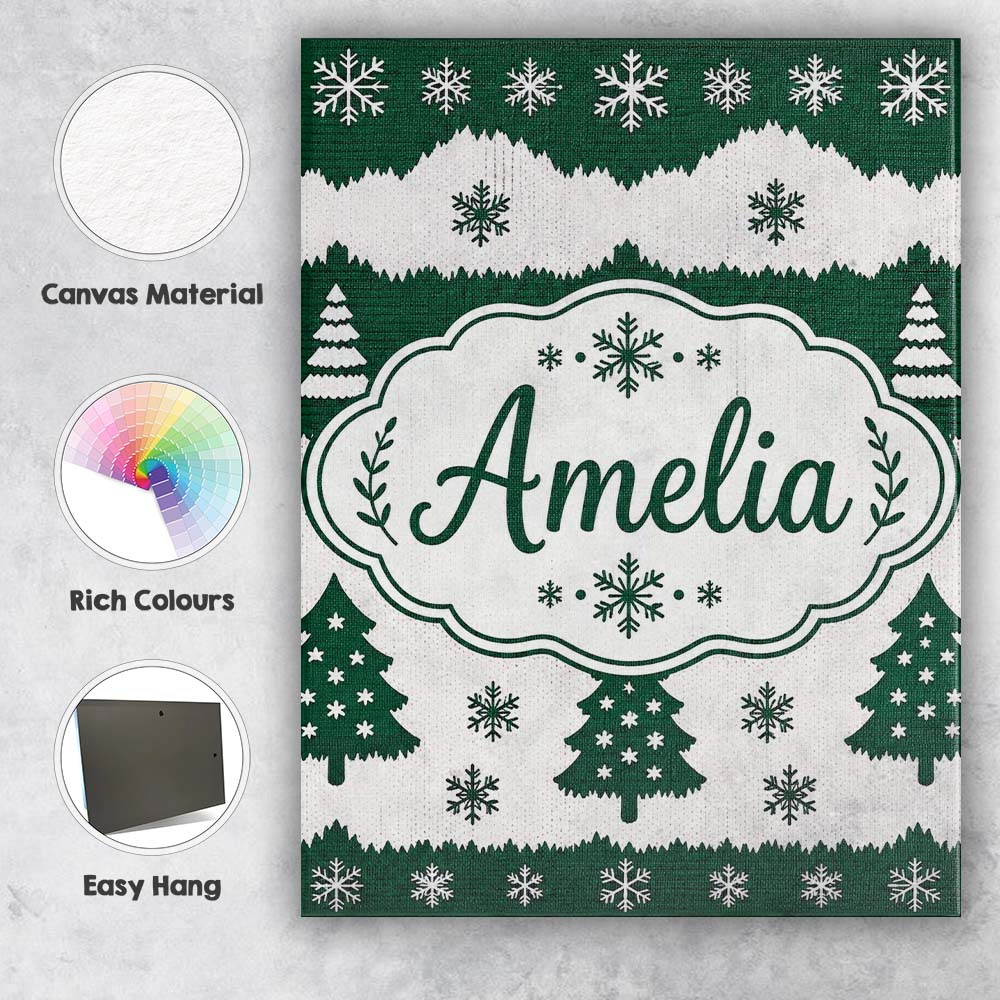 Personalised Name Green White Snowflakes Custom  Unique Gift Idea Elegant Feature Canvas Wall Art Print Decor Picture Ready to Hang