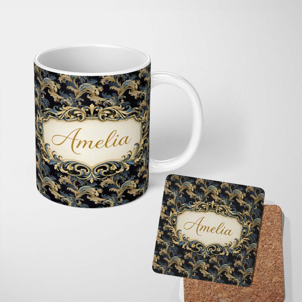 Personalized Custom Name Black Gold Blue Baroque Floral Seamless Elegant Luxury Ornamental 11oz Ceramic Coffee Tea Mug White Large Handle