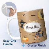 Personalized Custom Name Cute Halloween Witch Girl with Pumpkin Bats and Moon Warm Brown 11oz Ceramic Coffee Tea Mug White Large Handle