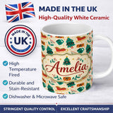 Personalized Custom Name Modern Christmas Sleigh Tree Gift Flat Design Seamless Pattern 11oz Ceramic Coffee Tea Mug White Large Handle