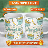 Personalized Custom Name Cute French Fries Cartoon Snack Seamless Pattern Teal Cups Grey 11oz Ceramic Coffee Tea Mug White Large Handle
