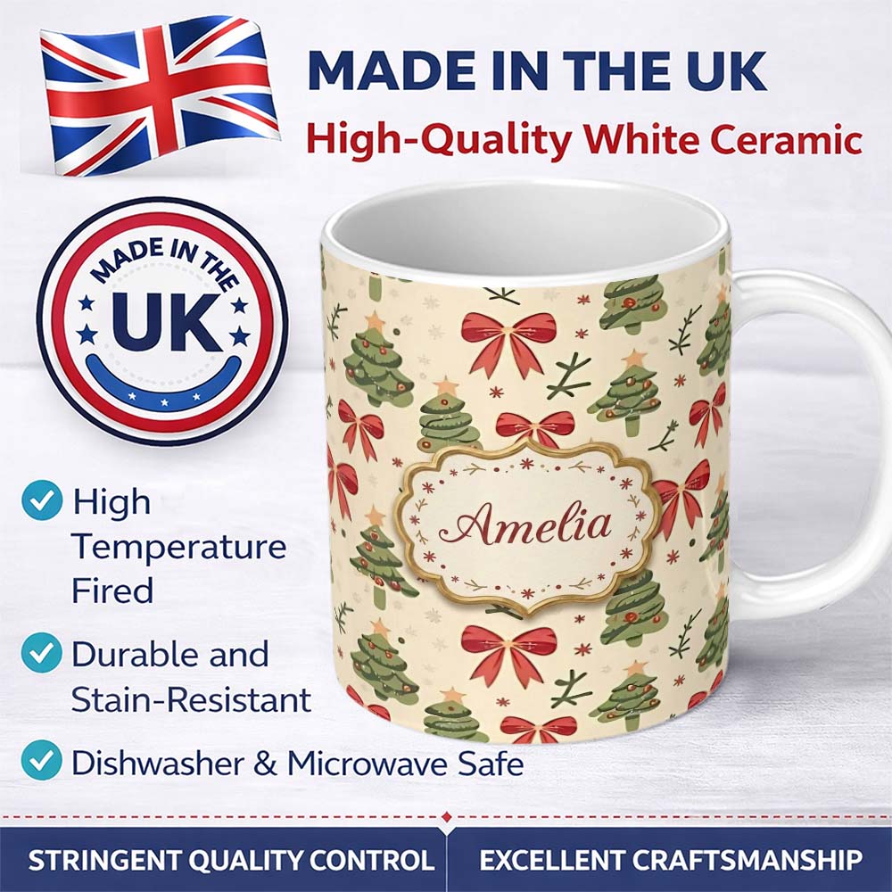 Personalized Custom Name Watercolor Christmas Tree with Red Bows and Winter Elements Lovely 11oz Ceramic Coffee Tea Mug White Large Handle