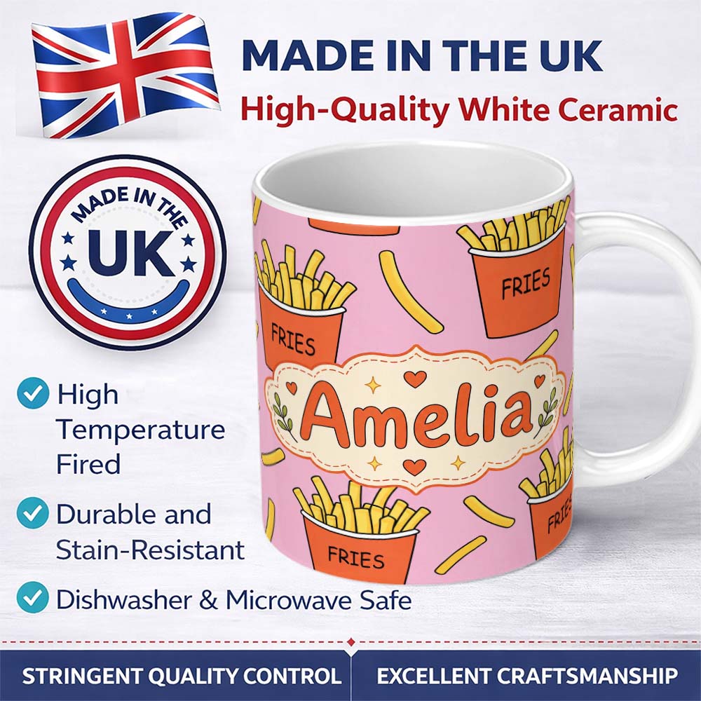 Personalized Custom Name Cute French Fries Cartoon Snack Food Soft Pink Background Seamless 11oz Ceramic Coffee Tea Mug White Large Handle
