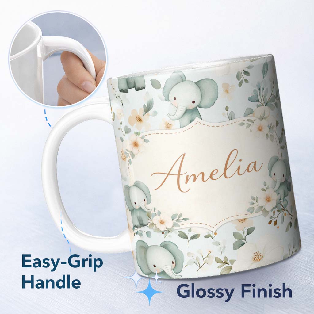 Personalized Custom Name Cute Baby Elephant Floral Watercolor Pattern Pastel Nursery Design 11oz Ceramic Coffee Tea Mug White Large Handle