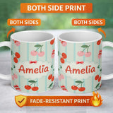 Personalized Custom Name Cherry Fruit Vertical Stripe Green Background Seamless Pattern 11oz Ceramic Coffee Tea Mug White Large Handle