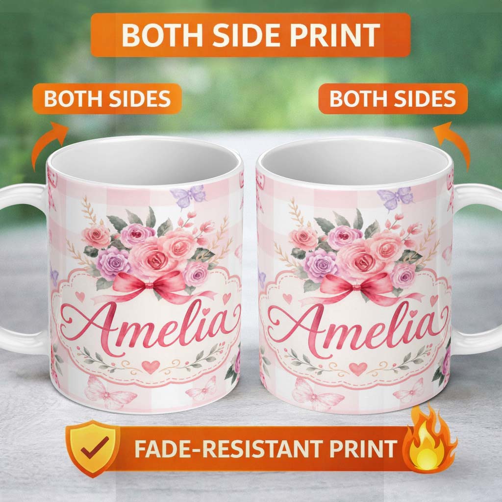 Personalized Custom Name Cute Watercolor Roses Bouquet with Red Ribbon Gingham Pink Lovely 11oz Ceramic Coffee Tea Mug White Large Handle