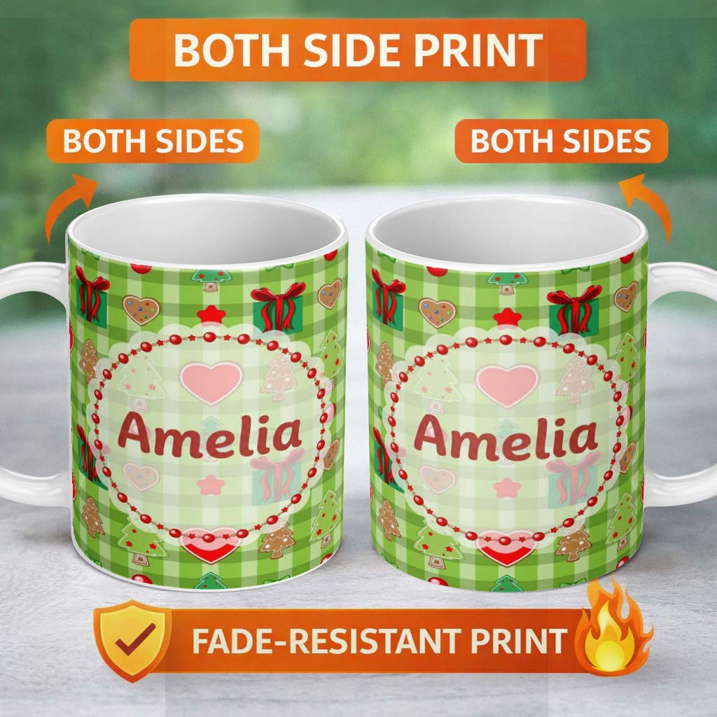 Personalized Custom Name Cute Christmas Trees Hearts Gifts Green Plaid Seamless Pattern 11oz Ceramic Coffee Tea Mug White Large Handle