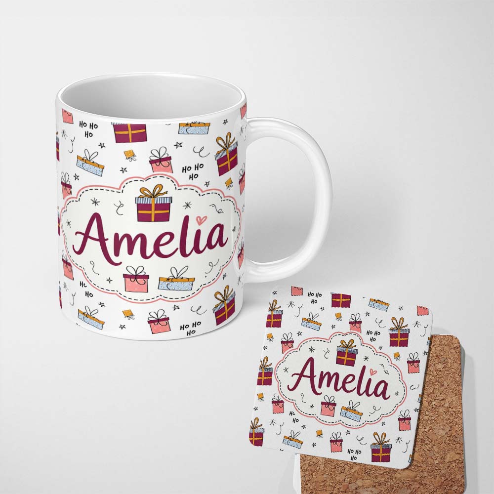 Personalized Custom Name Cute Christmas Gift Boxes Ho Ho Doodle Seamless Pattern Lovely 11oz Ceramic Coffee Tea Mug White Large Handle
