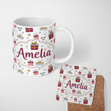 Personalized Custom Name Cute Christmas Gift Boxes Ho Ho Doodle Seamless Pattern Lovely 11oz Ceramic Coffee Tea Mug White Large Handle