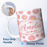 Personalized Custom Name Pink Daisy Floral Pattern with Yellow Centers on Grey Background 11oz Ceramic Coffee Tea Mug White Large Handle