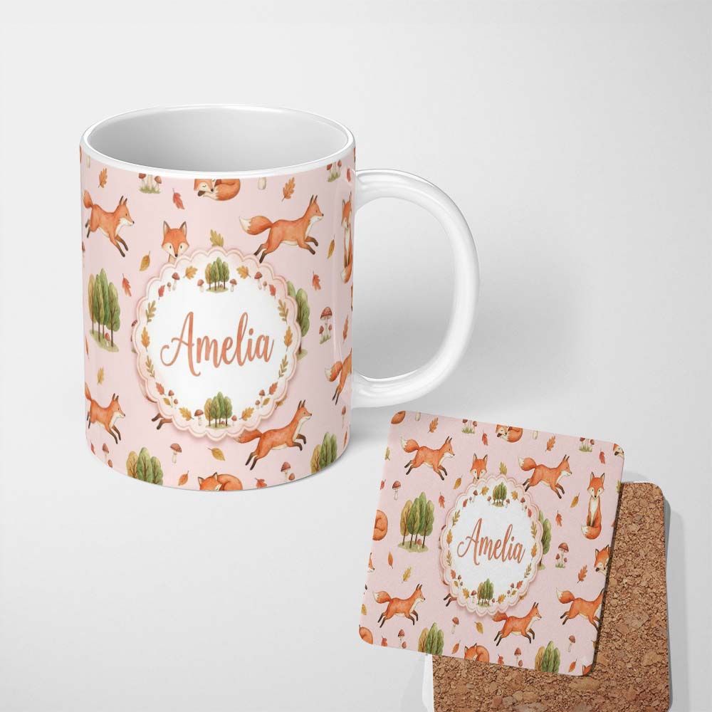 Personalized Custom Name Woodland Fox with Trees Leaves Mushrooms Soft Blush Seamless 11oz Ceramic Coffee Tea Mug White Large Handle