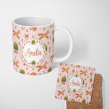 Personalized Custom Name Woodland Fox with Trees Leaves Mushrooms Soft Blush Seamless 11oz Ceramic Coffee Tea Mug White Large Handle