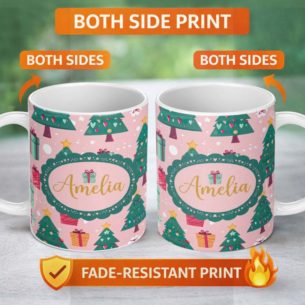 Personalized Custom Name Cute Christmas Tree Gift Box Festive Seamless Pattern Lovely 11oz Ceramic Coffee Tea Mug White Large Handle