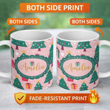 Personalized Custom Name Cute Christmas Tree Gift Box Festive Seamless Pattern Lovely 11oz Ceramic Coffee Tea Mug White Large Handle