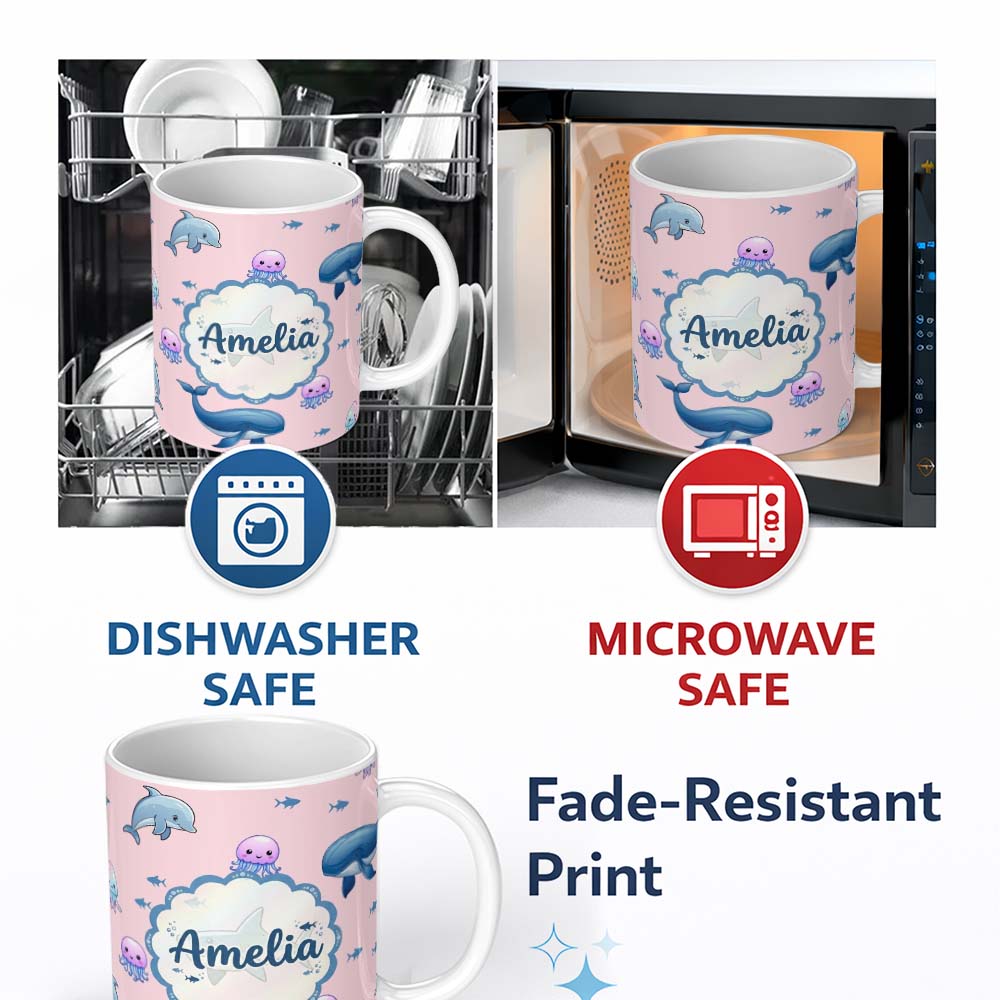 Personalized Custom Name Cute Dolphin Shark and Jellyfish Ocean Animals Soft Pink Background 11oz Ceramic Coffee Tea Mug White Large Handle