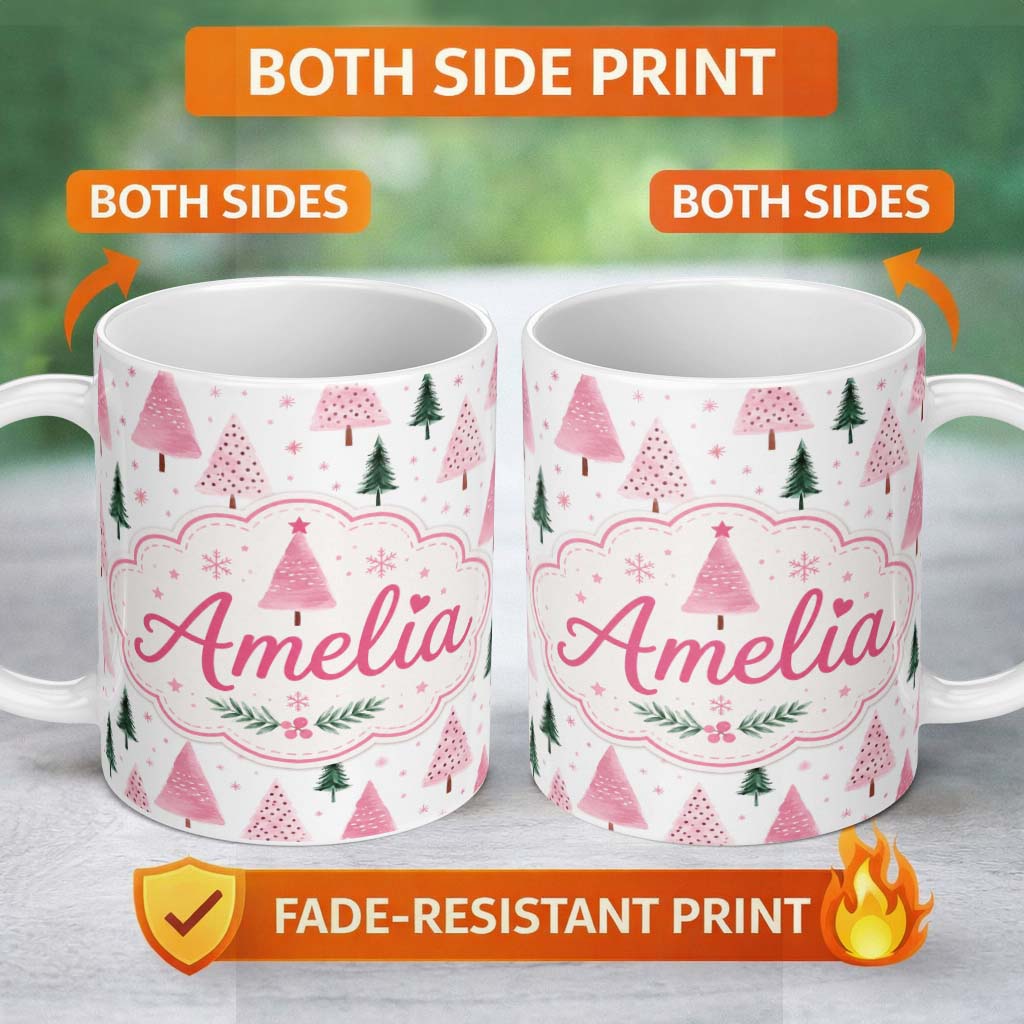 Personalized Custom Name Watercolor Pink Green Christmas Trees Seamless Pattern Lovely 11oz Ceramic Coffee Tea Mug White Large Handle