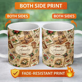 Personalized Custom Name Antique Christmas Collage with Floral Cards and Holiday Decorations 11oz Ceramic Coffee Tea Mug White Large Handle