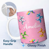 Personalized Custom Name Balloon Dog Seamless Pattern Pink Background Colorful Party Design 11oz Ceramic Coffee Tea Mug White Large Handle