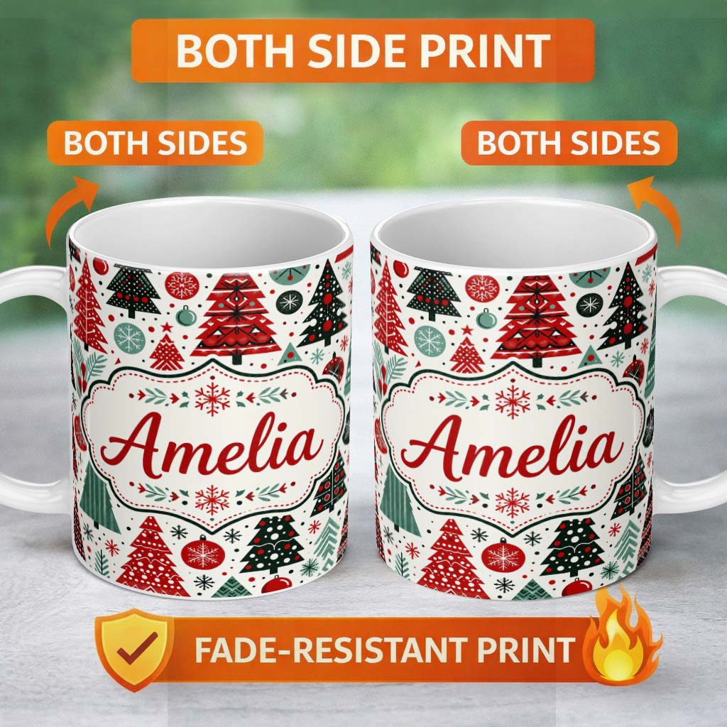 Personalized Custom Name Festive Red Green Christmas Trees with Snowflakes and Baubles Lovely 11oz Ceramic Coffee Tea Mug White Large Handle