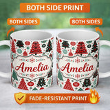 Personalized Custom Name Festive Red Green Christmas Trees with Snowflakes and Baubles Lovely 11oz Ceramic Coffee Tea Mug White Large Handle