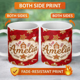 Personalized Custom Name Gingerbread House Candy Cane Cookies Red Festive Seamless Pattern 11oz Ceramic Coffee Tea Mug White Large Handle