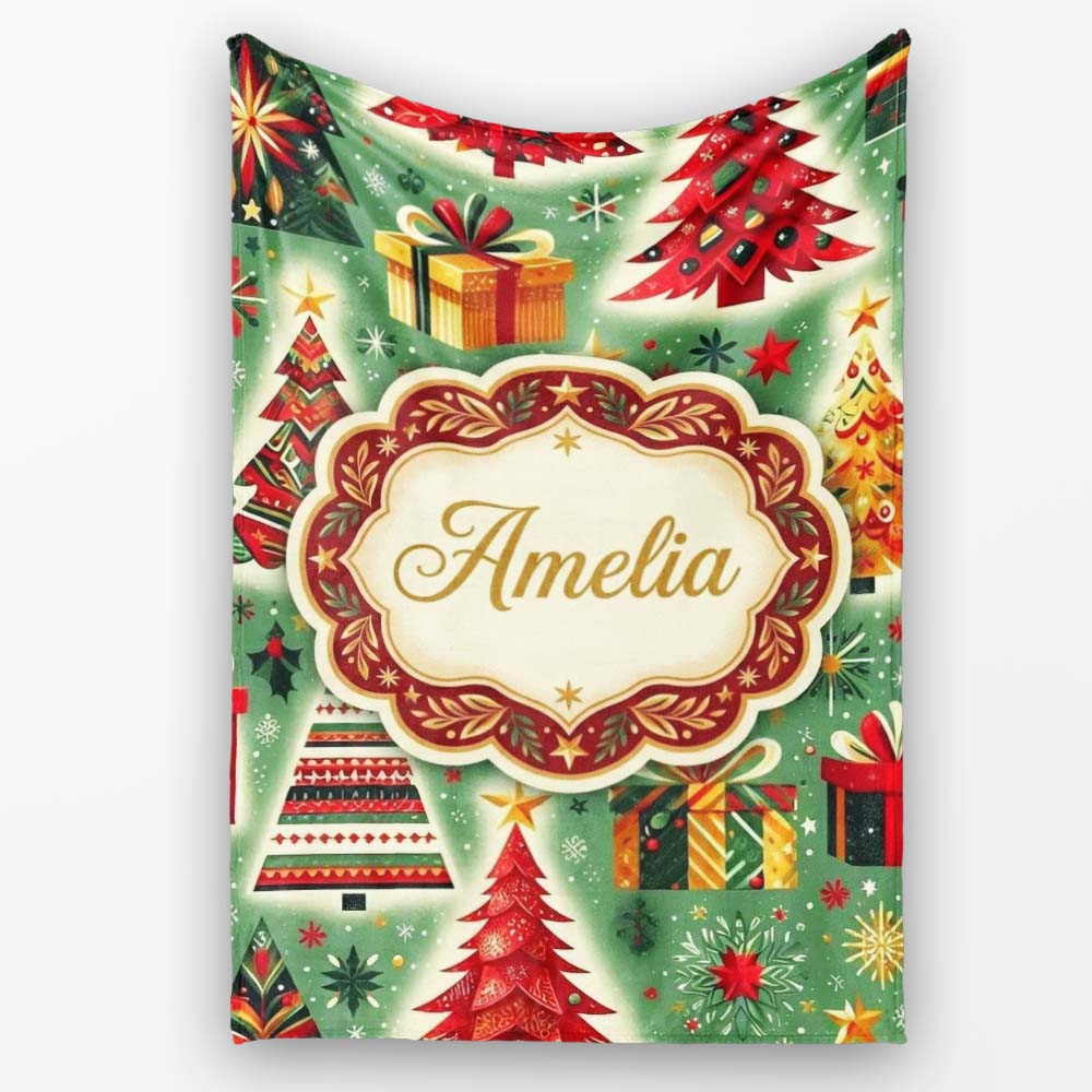 Colorful Christmas Trees Gifts Snowflakes Festive Seamless Pattern  Personalised Custom Name Super Soft Fleece Blanket Bed Sofa Throw