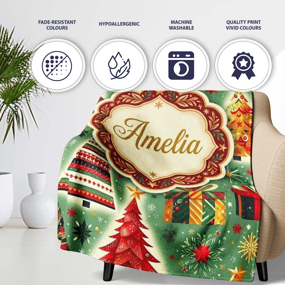 Colorful Christmas Trees Gifts Snowflakes Festive Seamless Pattern  Personalised Custom Name Super Soft Fleece Blanket Bed Sofa Throw