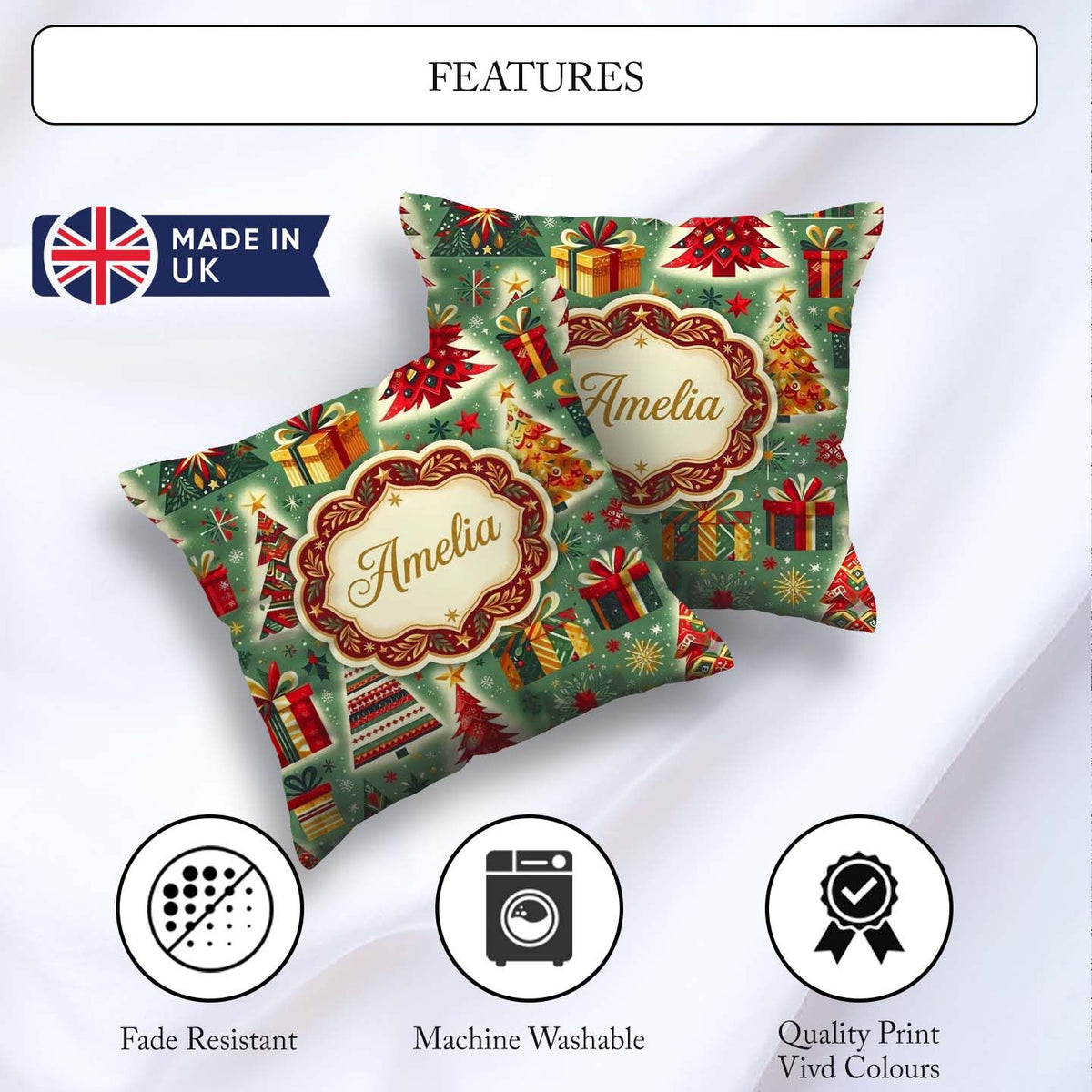 Custom Name Colorful Christmas Trees Snowflakes Festive Seamless Square Filled Cushion Throw Pillow Sofa Bed Home Decor Zip Washable UK Made