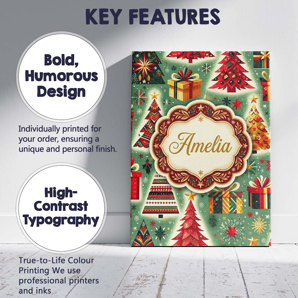 Personalised Name Colorful Christmas Trees Custom  Unique Gift Idea Elegant Feature Canvas Wall Art Print Decor Picture Ready to Hang