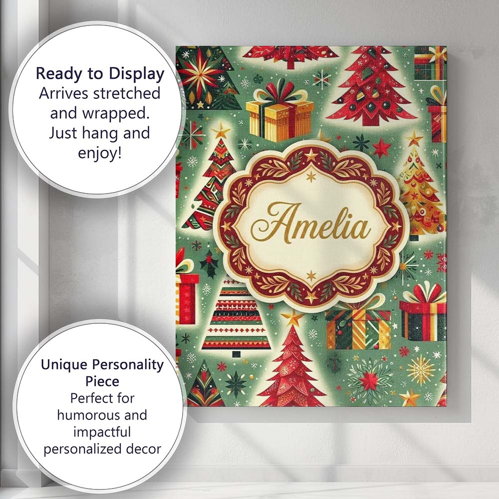 Personalised Name Colorful Christmas Trees Custom  Unique Gift Idea Elegant Feature Canvas Wall Art Print Decor Picture Ready to Hang