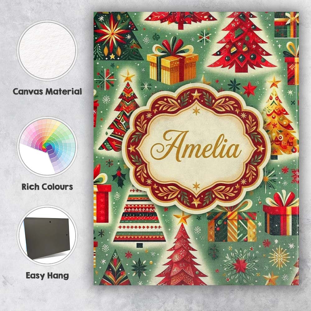 Personalised Name Colorful Christmas Trees Custom  Unique Gift Idea Elegant Feature Canvas Wall Art Print Decor Picture Ready to Hang