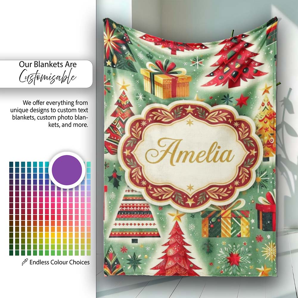 Colorful Christmas Trees Gifts Snowflakes Festive Seamless Pattern  Personalised Custom Name Super Soft Fleece Blanket Bed Sofa Throw