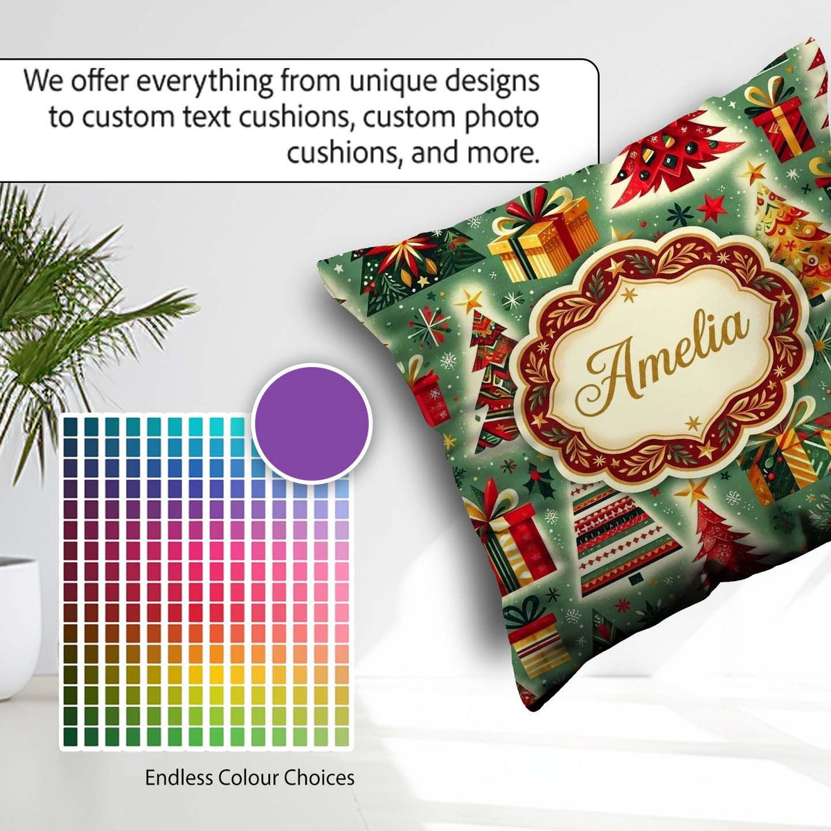 Custom Name Colorful Christmas Trees Snowflakes Festive Seamless Square Filled Cushion Throw Pillow Sofa Bed Home Decor Zip Washable UK Made