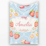 Strawberry Cherry Daisy Seamless Pattern Blue Cute Coquette Floral  Personalised Custom Name Super Soft Fleece Blanket Bed Sofa Throw
