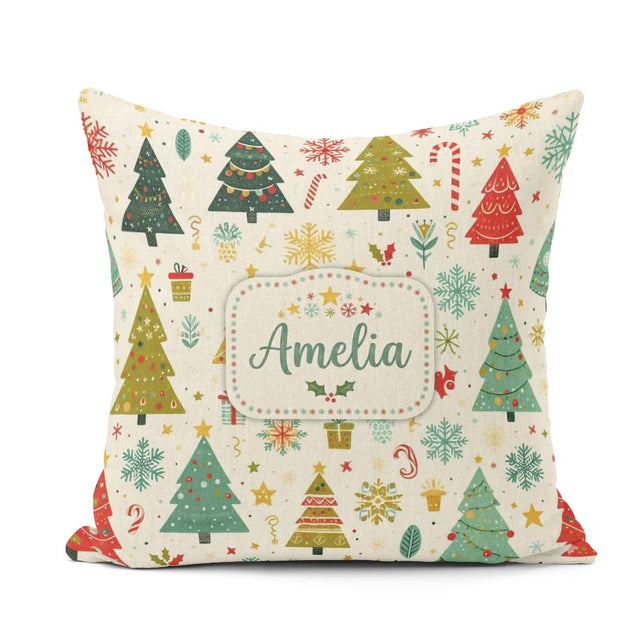 Custom Name Cute Christmas Trees Candy Canes Snowflakes Seamless Square Filled Cushion Throw Pillow Sofa Bed Home Decor Zip Washable UK Made