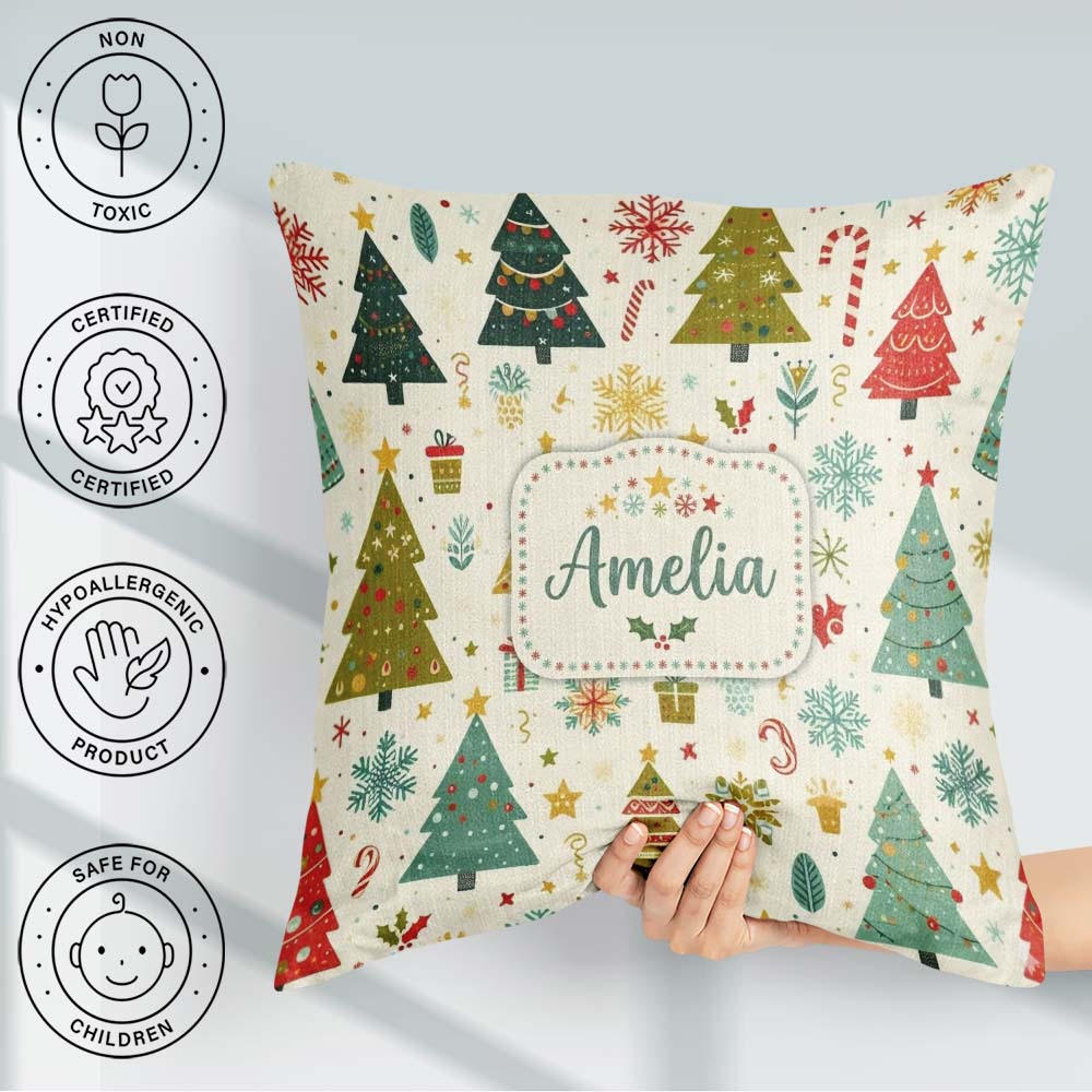 Custom Name Cute Christmas Trees Candy Canes Snowflakes Seamless Square Filled Cushion Throw Pillow Sofa Bed Home Decor Zip Washable UK Made