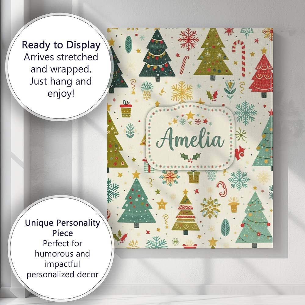 Personalised Name Cute Christmas Trees Custom  Modern Room Accent Elegant Feature Canvas Wall Art Print Decor Picture Ready to Hang
