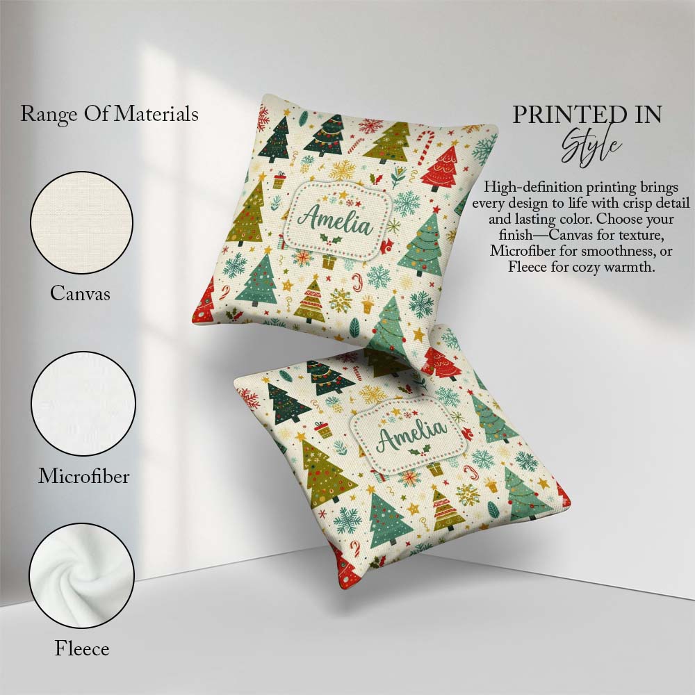 Custom Name Cute Christmas Trees Candy Canes Snowflakes Seamless Square Filled Cushion Throw Pillow Sofa Bed Home Decor Zip Washable UK Made