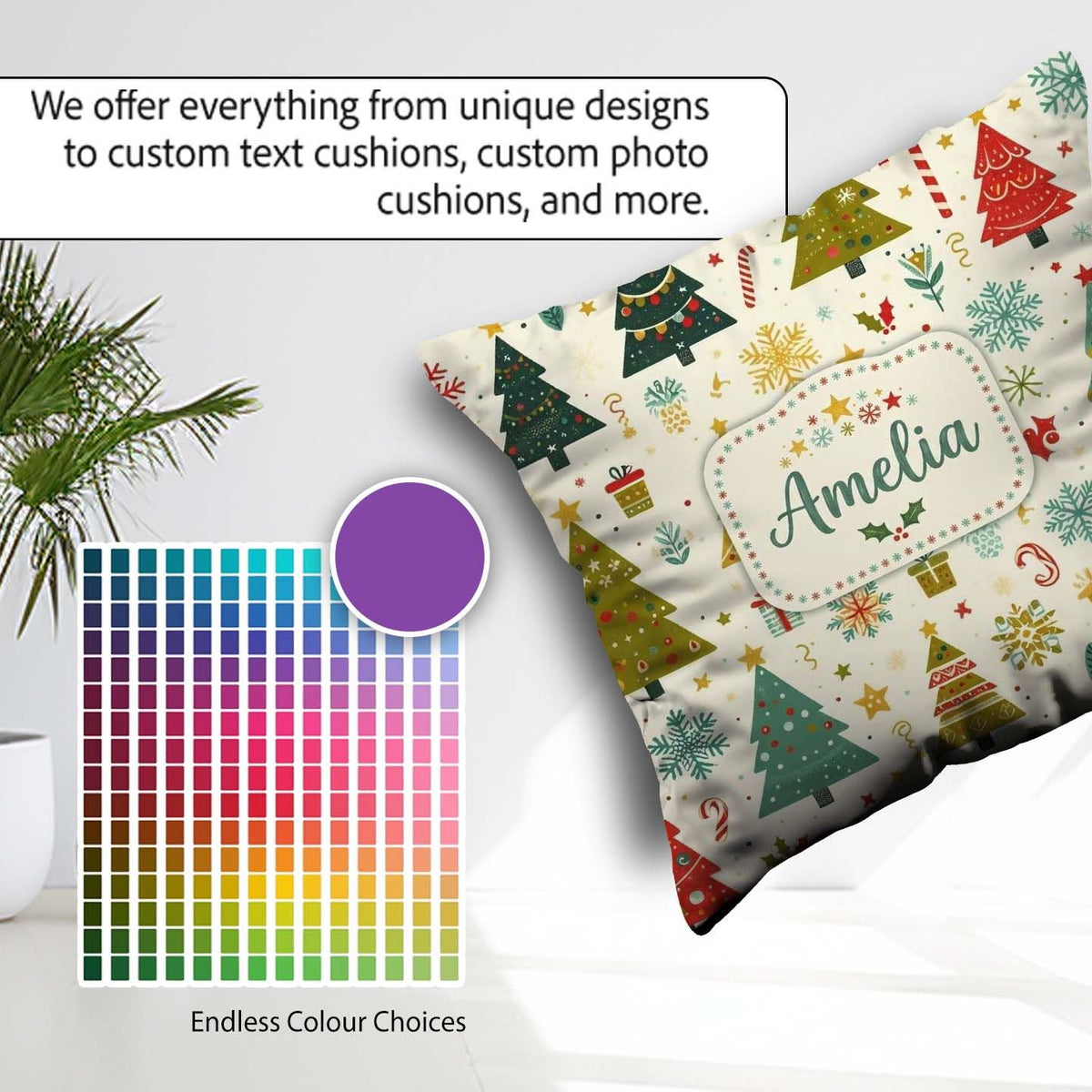 Custom Name Cute Christmas Trees Candy Canes Snowflakes Seamless Square Filled Cushion Throw Pillow Sofa Bed Home Decor Zip Washable UK Made