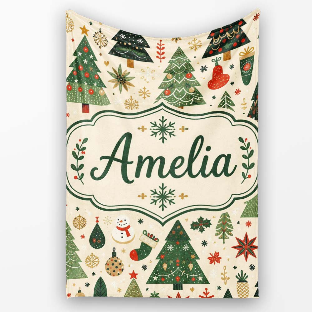 Vintage Christmas Trees Ornaments Snowflakes Festive Seamless Lovely  Personalised Custom Name Super Soft Fleece Blanket Bed Sofa Throw