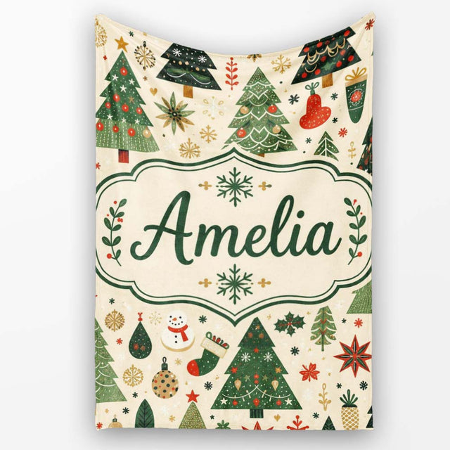 Vintage Christmas Trees Ornaments Snowflakes Festive Seamless Lovely  Personalised Custom Name Super Soft Fleece Blanket Bed Sofa Throw