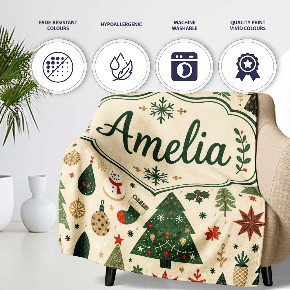 Vintage Christmas Trees Ornaments Snowflakes Festive Seamless Lovely  Personalised Custom Name Super Soft Fleece Blanket Bed Sofa Throw