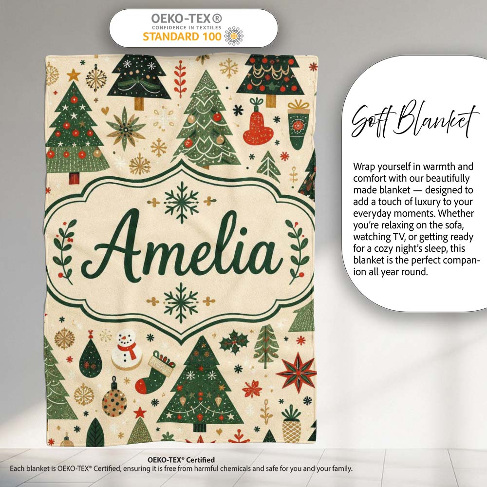Vintage Christmas Trees Ornaments Snowflakes Festive Seamless Lovely  Personalised Custom Name Super Soft Fleece Blanket Bed Sofa Throw